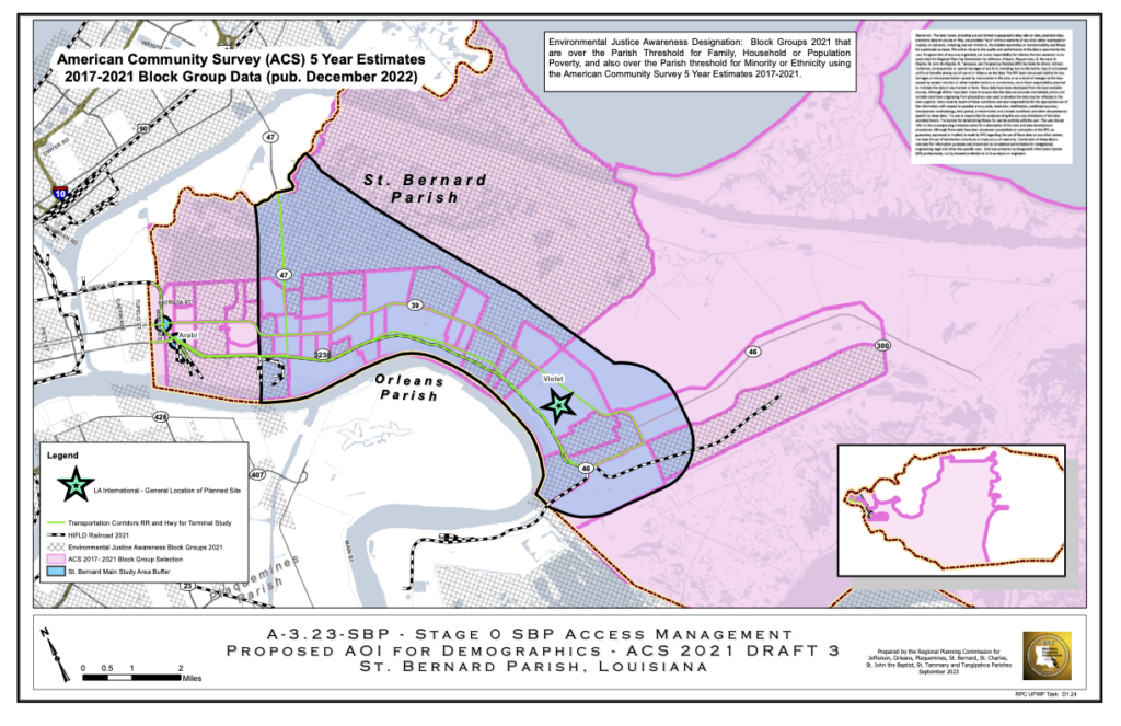 Map of project area. St. Bernard Main Study Area Buffer includes central and southwest St. Bernard Parish, along the Mississippi River.